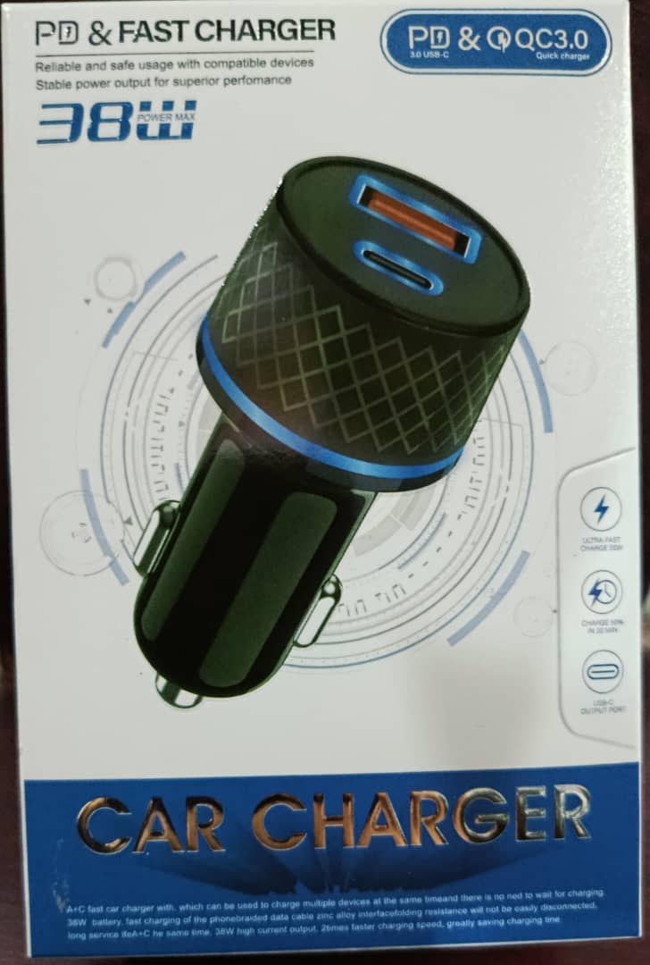 💥شارژرفندکی 💥ORGINAL 💥38w 💥۲پورت 🔝PD(20w) 🔝USB(18W) 💥فست شارژ 💥چراغ دار 💥Input(12-24v) 💥