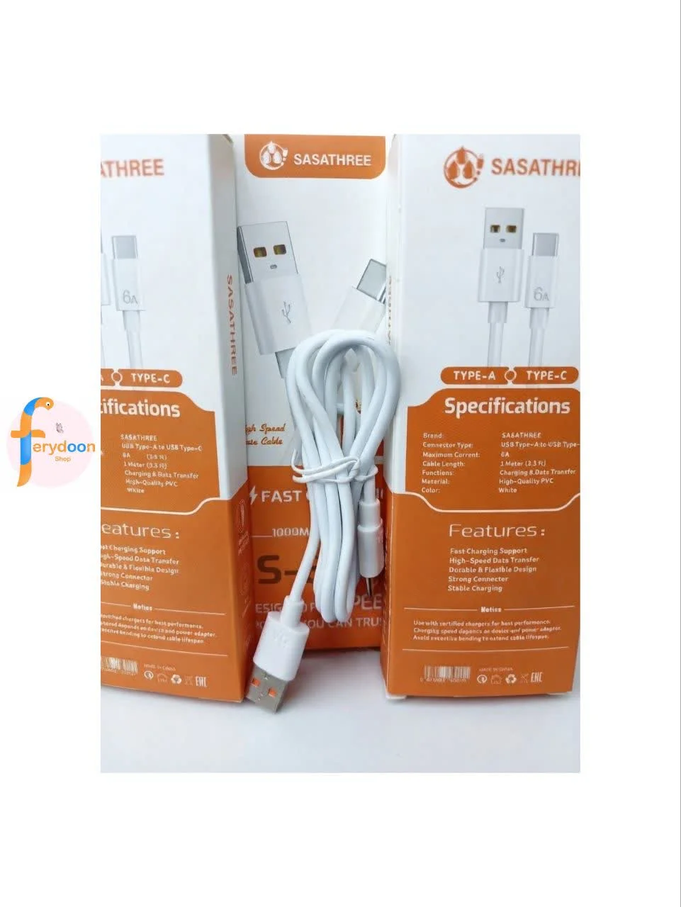 خرید کابل شارژ تایپ سی SASATHREE مدل S-80T (6A) | فست شارژ و انتقال دیتا